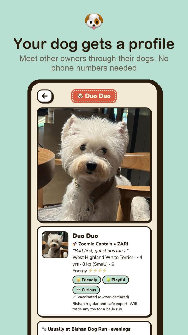 Your dog gets a profile: example screen