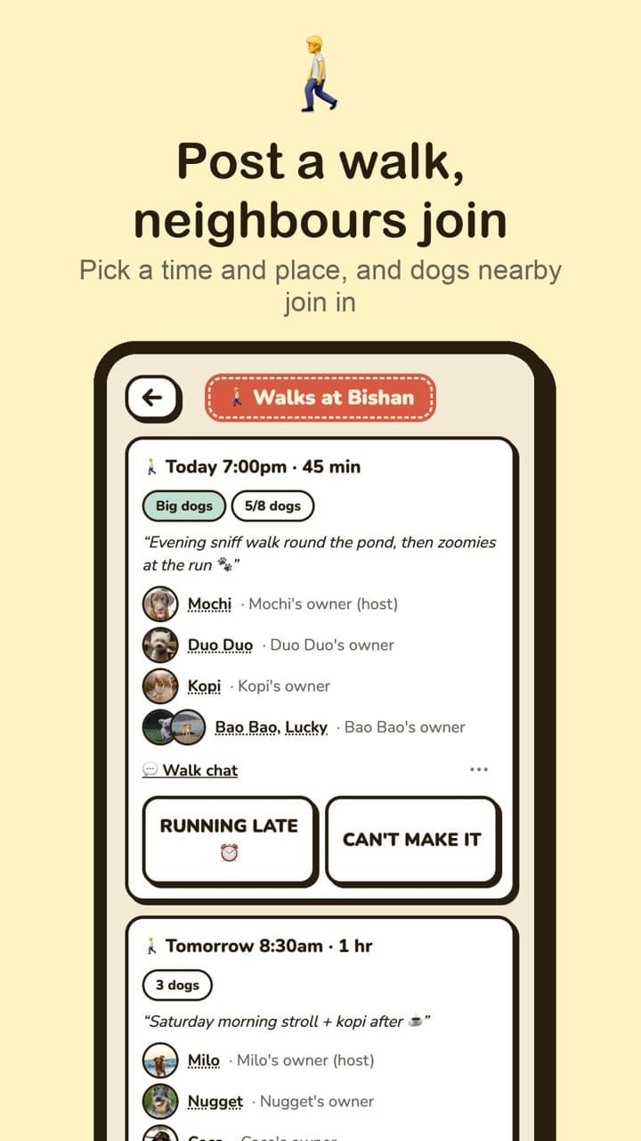 Post a walk, neighbours join: example screen